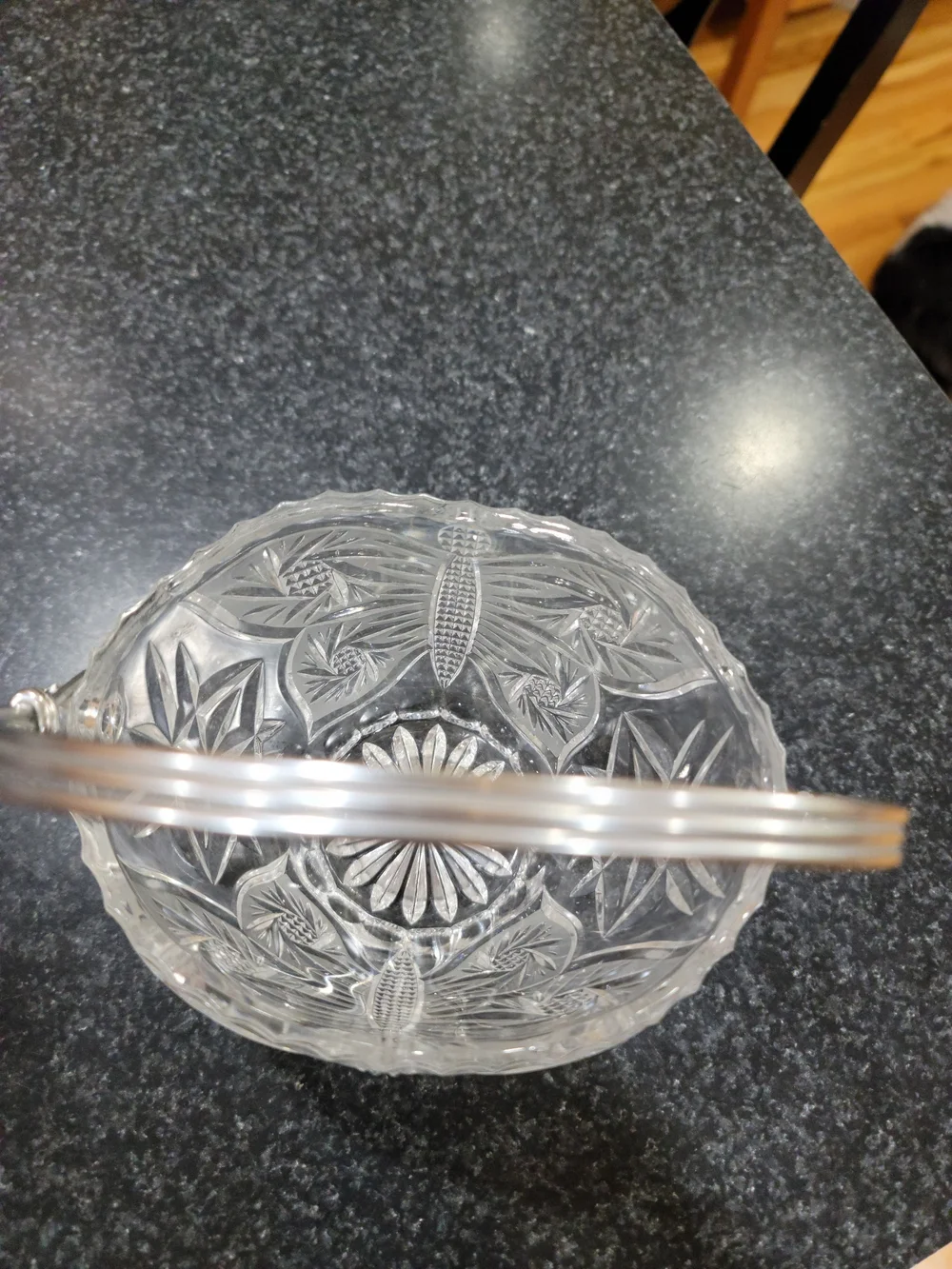 Vintage leaded crystal basket decorative butterfly design arched metal handle
